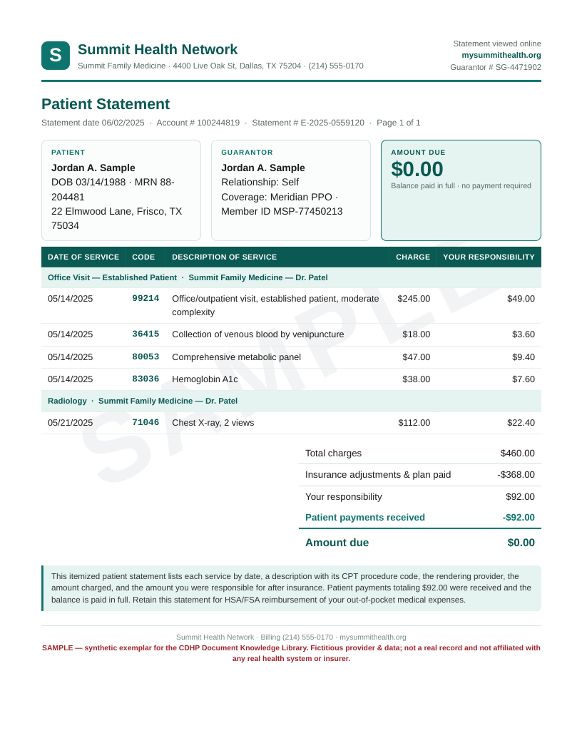 Patient-portal statement (MyChart-style) preview