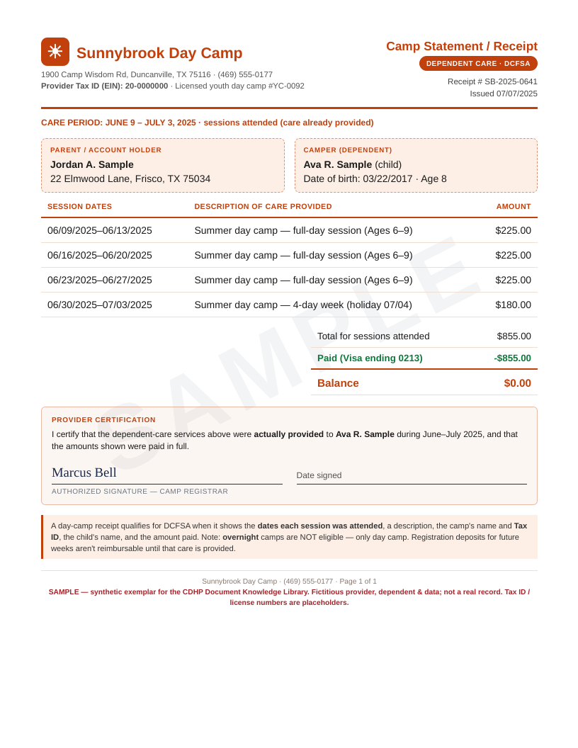 Summer day camp — receipt preview