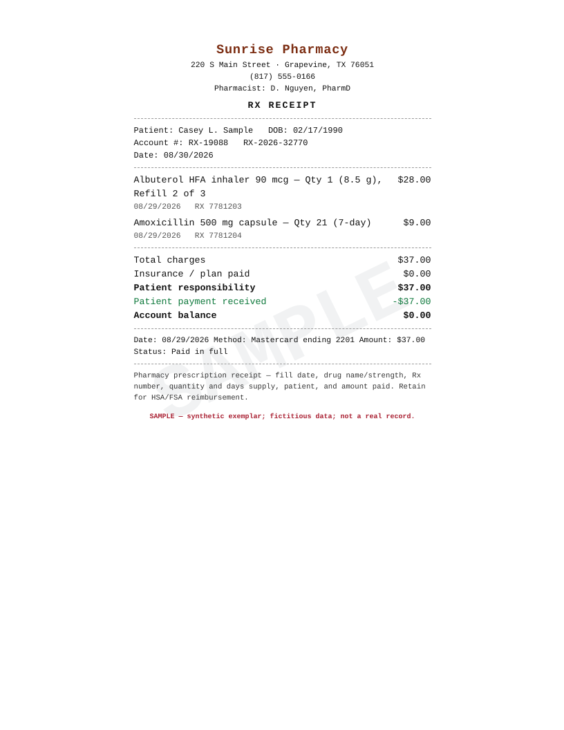 Prescription receipt (two fills) preview